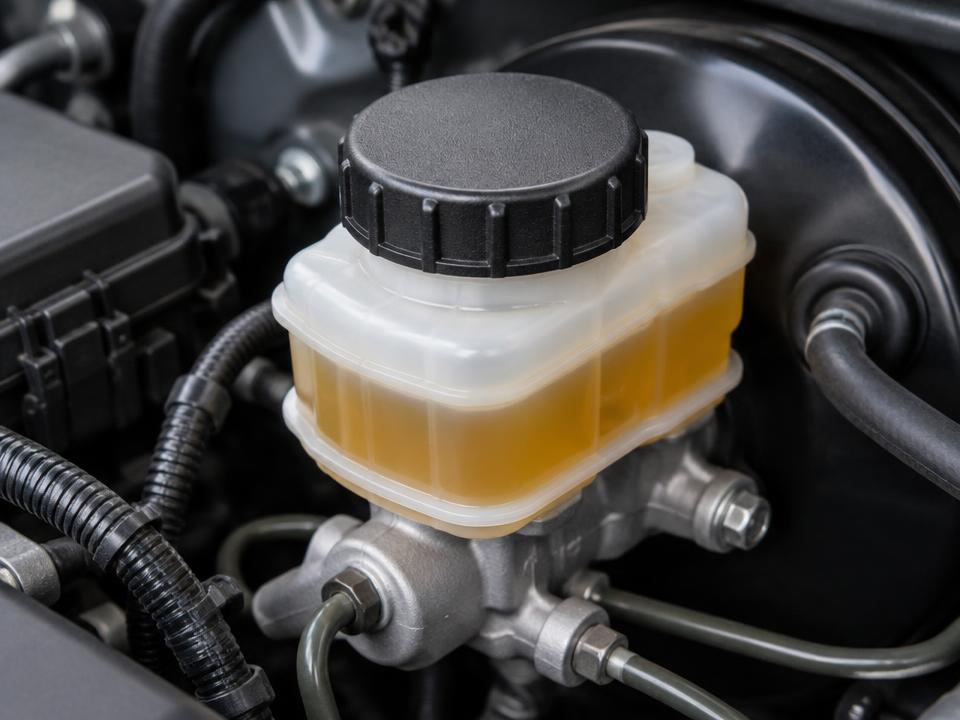 Brake fluid reservoir in a car engine bay