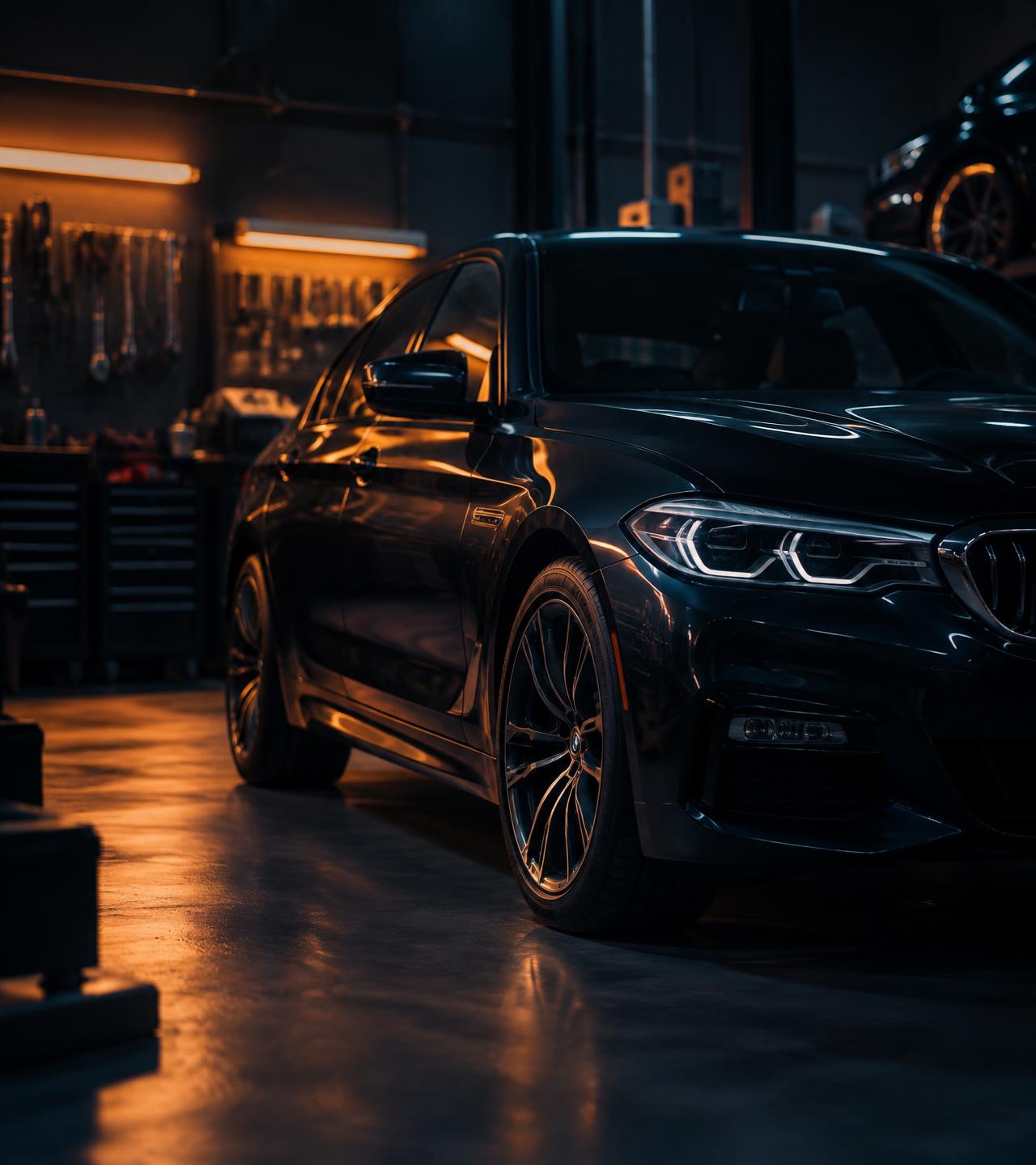 Dark sedan in a workshop under warm lights