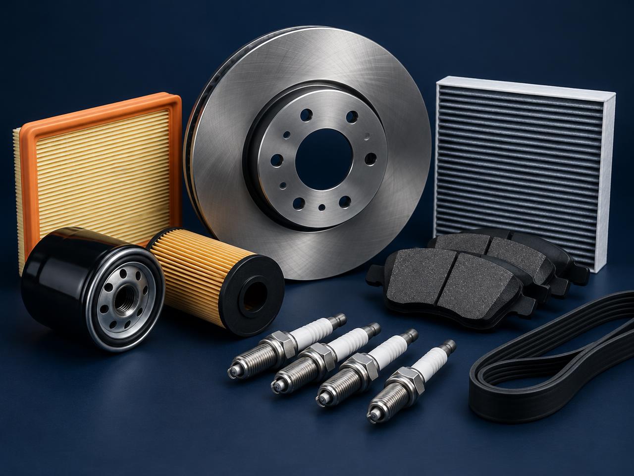 Assorted car spare parts: brake disc, filters, spark plugs