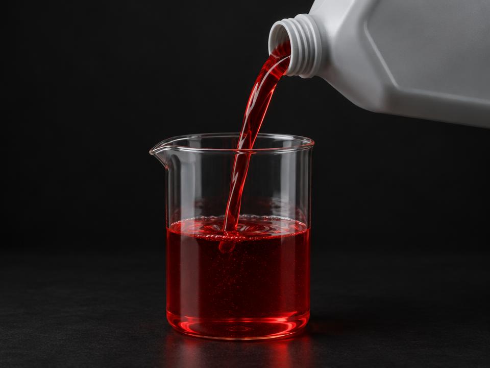 Red transmission fluid poured from a plain bottle into a beaker